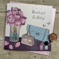 PINK FLOWERS & HANDBAG / PERFUME BIRTHDAY CARD (D231)