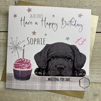 PERSONALISED DOG CARD - BLACK LABRADOR WITH CAKE (P23-S374)