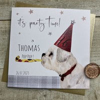 PERSONALISED DOG CARD - TERRIER WITH PARTY BLOWER (P23-S373)
