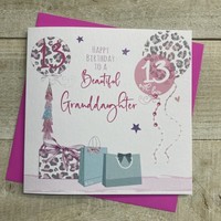 GRANDDAUGHTER AGE 13 - LEOPARD PRINT PRESSIES & BALLOONS CARD (S273-13)