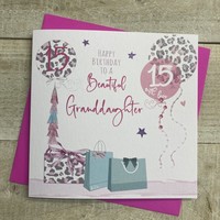 GRANDDAUGHTER AGE 15 - LEOPARD PRINT PRESSIES & BALLOONS CARD (S273-15)