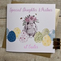 DAUGHTER & FAMILY EASTER CARD BUNNY PINK FLOWERS & EGGS (E24-13-DP)