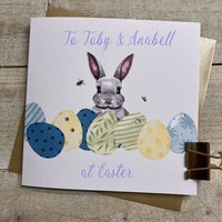 PERSONALISED EASTER CARD BUNNY & BLUE EGGS (E24-14-PERS)