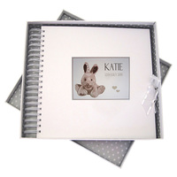 PERSONALISED CHRISTENING SILVER BUNNY  -CARD & MEMORY BOOK (P-CBS10)
