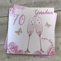 Happy 70th Birthday Card Grandma Champagne Glasses Pink Roses by White Cotton Cards SS42-GM70