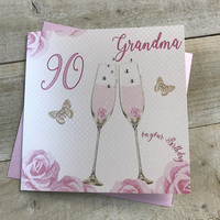 Happy 90th Birthday Card Grandma Champagne Glasses Pink Roses by White Cotton Cards SS42-GM90