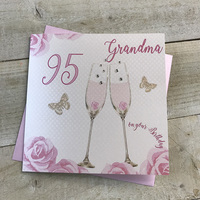Happy 95th Birthday Card Grandma Champagne Glasses Pink Roses by White Cotton Cards SS42-GM95
