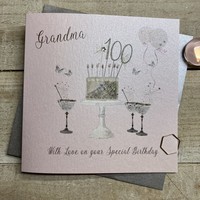 100th Birthday Card Grandma Champagne Glasses Pink & Gold Sparkly Cake SS42-GM100