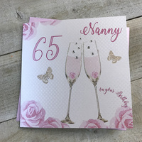 Happy 65th Birthday Card Nanny Champagne Glasses Pink Roses by White Cotton Cards SS42-NNY65