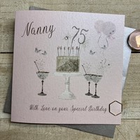 75th Birthday Card Nanny Champagne Glasses Pink & Gold Sparkly Cake  by White Cotton Cards SS42-NNY75