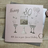 80th Birthday Card Nanny Champagne Glasses Pink & Gold Sparkly Cake  SS42-NNY80