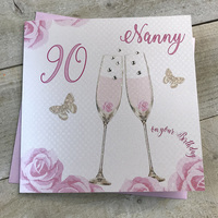 Happy 90th Birthday Card Nanny Champagne Glasses Pink Roses by White Cotton Cards SS42-NNY90