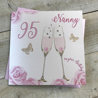 Happy 95th Birthday Card Nanny Champagne Glasses Pink Roses by White Cotton Cards SS42-NNY95