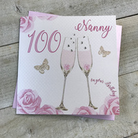 Happy 100th Birthday Card Nanny Champagne Glasses Pink Roses by White Cotton Cards SS42-NNY100