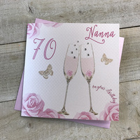 Happy 70th Birthday Card Nan Champagne Glasses Pink Roses by White Cotton Cards SS42-NAN70