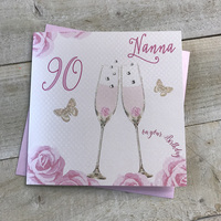 Happy 90th Birthday Card Nan Champagne Glasses Pink Roses by White Cotton Cards SS42-NAN90
