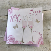 Happy 100th Birthday Card Nan Champagne Glasses Pink Roses by White Cotton Cards SS42-NAN100