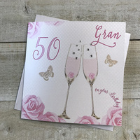 Happy 50th Birthday Card Gran Champagne Glasses Pink Roses by White Cotton Cards SS42-GRAN50