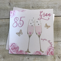 Happy 85th Birthday Card Gran Champagne Glasses Pink Roses by White Cotton Cards SS42-GRAN85