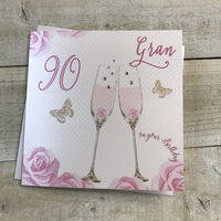 Happy 90th Birthday Card Gran Champagne Glasses Pink Roses by White Cotton Cards SS42-GRAN90