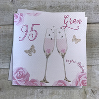 Happy 95th Birthday Card Gran Champagne Glasses Pink Roses by White Cotton Cards SS42-GRAN95