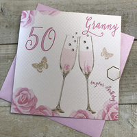 Happy 50th Birthday Card Granny Champagne Glasses Pink Roses by White Cotton Cards SS42-GNY50