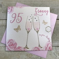 Happy 95th Birthday Card Granny Champagne Glasses Pink Roses by White Cotton Cards SS42-GNY95