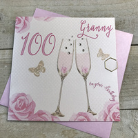 Happy 100th Birthday Card Granny Champagne Glasses Pink Roses by White Cotton Cards SS42-GNY100