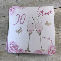 Happy 90th Birthday Card Aunt Champagne Glasses Pink Roses by White Cotton Cards SS42-A90
