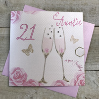 Happy 21st Birthday Card Auntie Champagne Glasses Pink Roses by White Cotton Cards SS42-AIE21