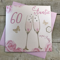 Happy 60th Birthday Card Auntie Champagne Glasses Pink Roses by White Cotton Cards SS42-AIE60