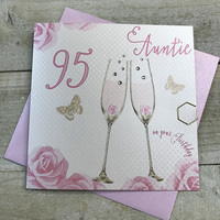Happy 95th Birthday Card Auntie Champagne Glasses Pink Roses by White Cotton Cards SS42-AIE95