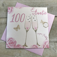 Happy 100th Birthday Card Auntie Champagne Glasses Pink Roses by White Cotton Cards SS42-AIE100