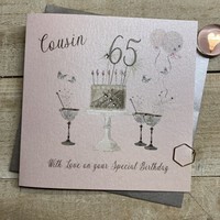 65th Birthday Card Cousin Champagne Glasses Pink & Gold Sparkly Cake SS42-C65