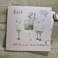 21st Birthday Card Niece Champagne Glasses Pink & Gold Sparkly Cake SS42-NIE21