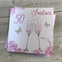 Happy 50th Birthday Card Partner Champagne Glasses Pink Roses by White Cotton Cards SS42-P50