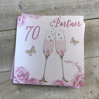 Happy 70th Birthday Card Partner Champagne Glasses Pink Roses by White Cotton Cards SS42-P70