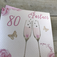 Happy 80th Birthday Card Partner Champagne Glasses Pink Roses by White Cotton Cards SS42-P80