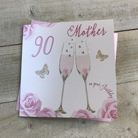 Happy 90th Birthday Card Mother Champagne Glasses Pink Roses by White Cotton Cards SS42-MO90