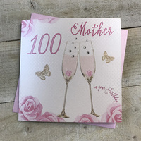 Happy 100th Birthday Card Mother Champagne Glasses Pink Roses by White Cotton Cards SS42-MO100