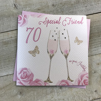 Happy 70th Birthday Card Special Friend Champagne Glasses Pink Roses by White Cotton Cards SS42-SF70