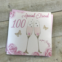 Happy 100th Birthday Card Special Friend Champagne Glasses Pink Roses by White Cotton Cards SS42-SF100