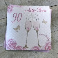 Happy 90th Birthday Card Step Mum Champagne Glasses Pink Roses by White Cotton Cards SS42-SM90