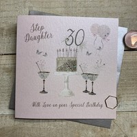30th Birthday Card Step Daughter Champagne Glasses Pink & Gold Sparkly Cake SS42-SD30