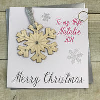 Personalised  Wooden Christmas Bauble Card - Hand glittered Snowflake Decoration (any relation) (P-XB3)