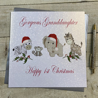 1st Christmas Gorgeous Granddaughter Silver Toys & Santa Hats Large Card (xx14-114)