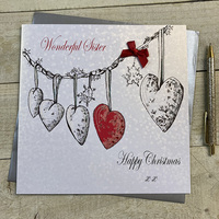 Sister Red hanging hearts Large Christmas Card (XEX656)