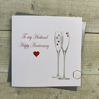 Husband Anniversary Flutes & Red hearts Card (VN163)