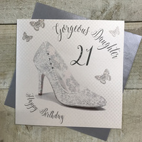 Daughter 21st Birthday Card, Silver Sparkly Shoe  (SSA21D)