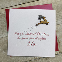 Personalised Wooden Christmas Flying Reindeer Card - Handglittered & Sparkly (any relation) (P-XS11)